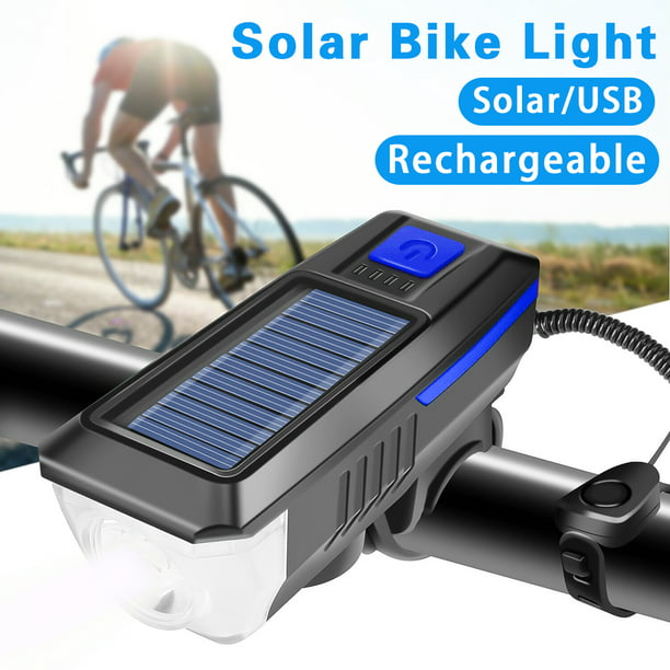 Solar Power & USB LED Bike Bicycle Front Light Rechargeable Headlight Horn 